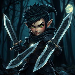 A small, shadowy female gnome rogue, skillfully wielding two epic daggers, set against a backdrop of a mystical forest at night