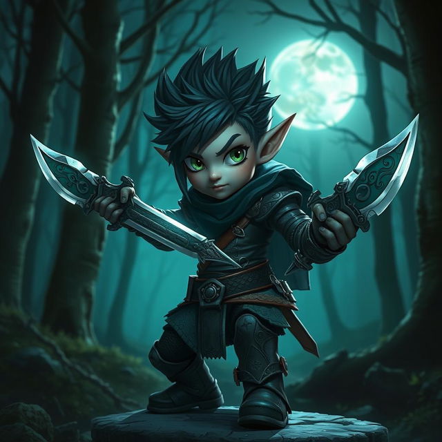 A small, shadowy female gnome rogue, skillfully wielding two epic daggers, set against a backdrop of a mystical forest at night