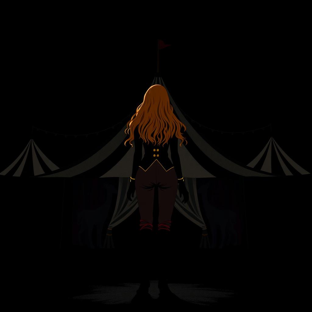 A dark fantasy circus book cover in black and white, featuring a silhouette of a woman with long ginger hair as the principal, standing before a large circus tent