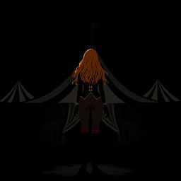 A dark fantasy circus book cover in black and white, featuring a silhouette of a woman with long ginger hair as the principal, standing before a large circus tent