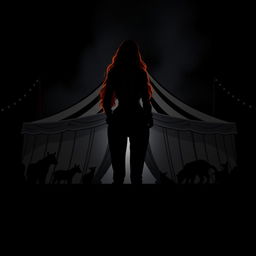 A dark fantasy circus book cover in black and white, featuring a silhouette of a woman with long ginger hair as the principal, standing before a large circus tent