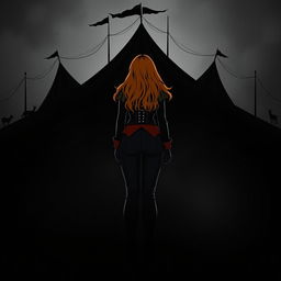 A dark fantasy circus book cover in black and white, featuring a silhouette of a woman with long ginger hair as the principal, standing before a large circus tent