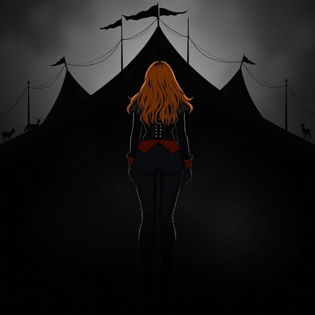 A dark fantasy circus book cover in black and white, featuring a silhouette of a woman with long ginger hair as the principal, standing before a large circus tent