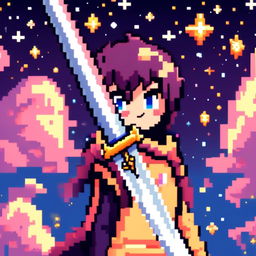 Pixel art profile picture featuring a standalone sword against a cosmic background filled with stars and galaxies.