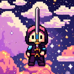 Pixel art profile picture featuring a standalone sword against a cosmic background filled with stars and galaxies.