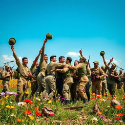 A powerful and emotional scene depicting the end of war, showing a diverse group of soldiers from various backgrounds joyfully celebrating peace