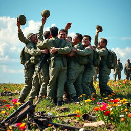 A powerful and emotional scene depicting the end of war, showing a diverse group of soldiers from various backgrounds joyfully celebrating peace