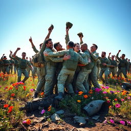 A powerful and emotional scene depicting the end of war, showing a diverse group of soldiers from various backgrounds joyfully celebrating peace