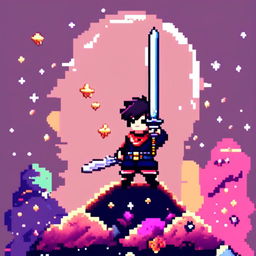 Pixel art profile picture featuring a standalone sword against a cosmic background filled with stars and galaxies.