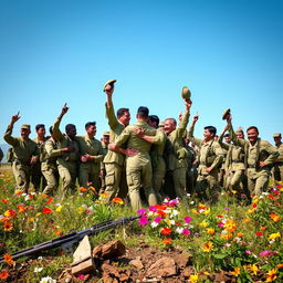 A powerful and emotional scene depicting the end of war, showing a diverse group of soldiers from various backgrounds joyfully celebrating peace