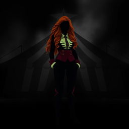 A dark fantasy circus book cover featuring a silhouette of a woman with long ginger hair, representing the principal