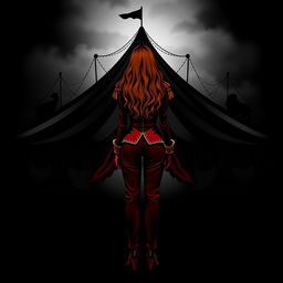 A dark fantasy circus book cover featuring a silhouette of a woman with long ginger hair, representing the principal