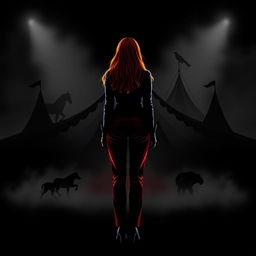 A dark fantasy circus book cover featuring a silhouette of a woman with long ginger hair, representing the principal
