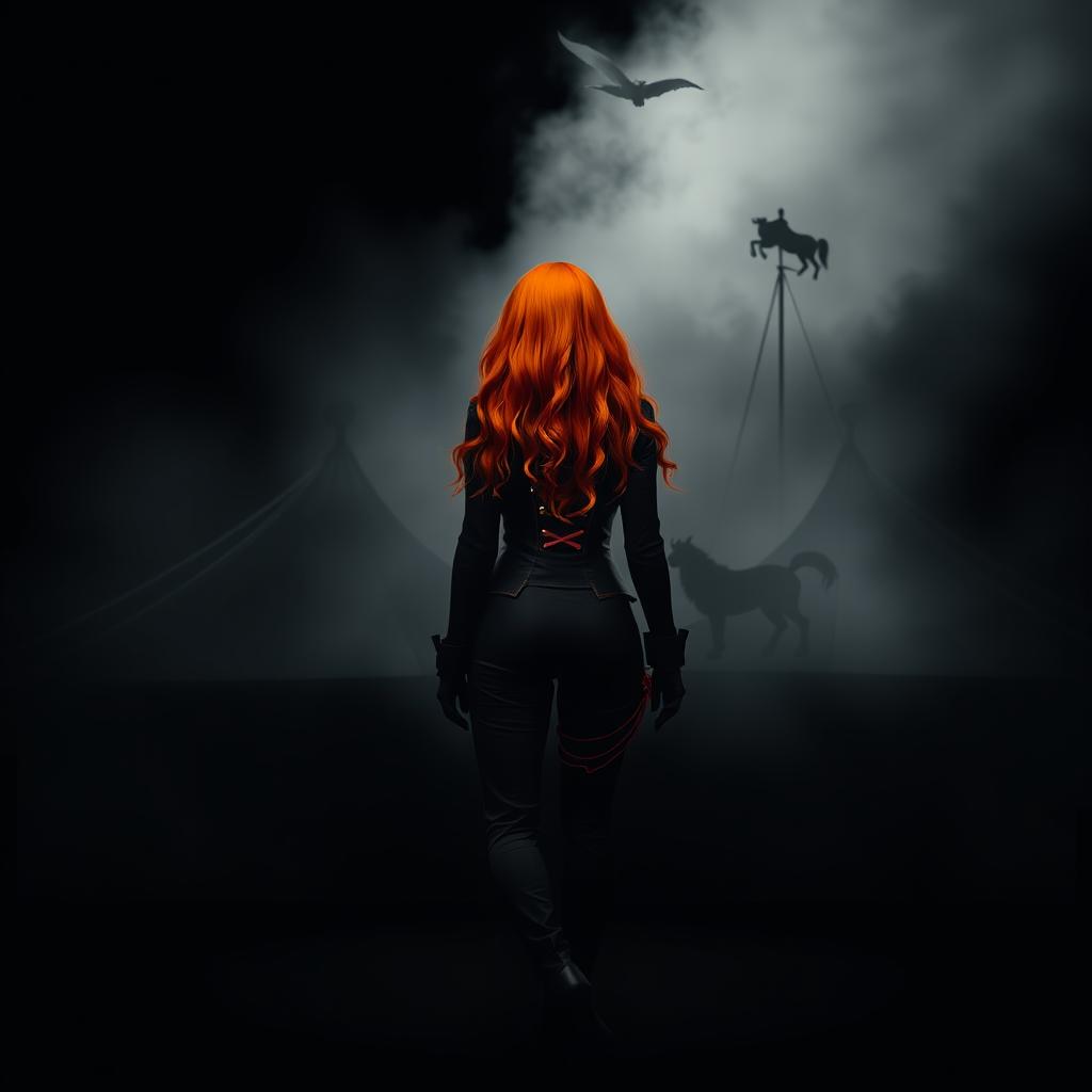 A dark fantasy circus book cover featuring a silhouette of a woman with long ginger hair, representing the principal