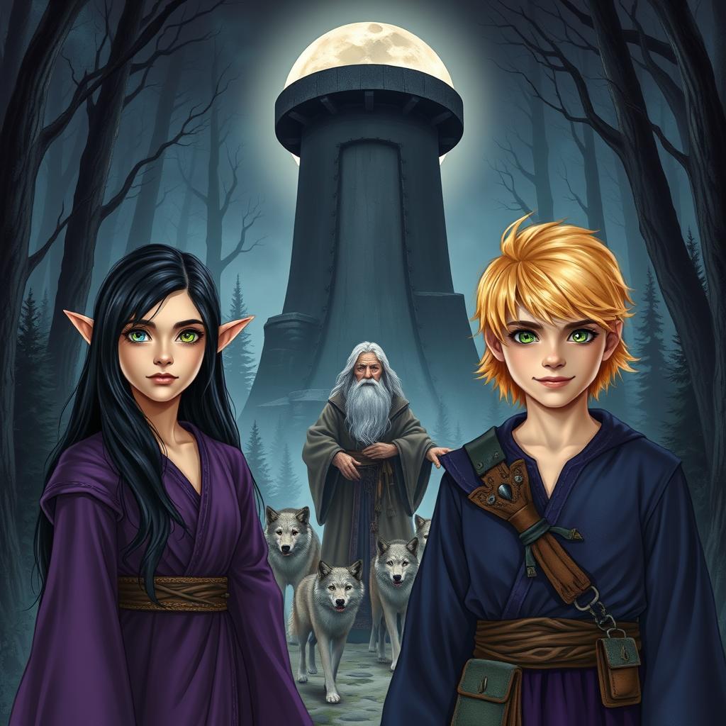 A fantasy book cover featuring a young sorceress, 16 years old, with long black hair and blue eyes, wearing a flowing robe