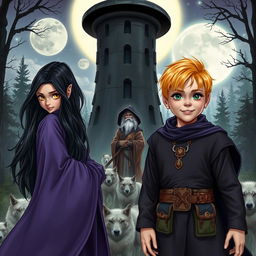 A fantasy book cover featuring a young sorceress, 16 years old, with long black hair and blue eyes, wearing a flowing robe