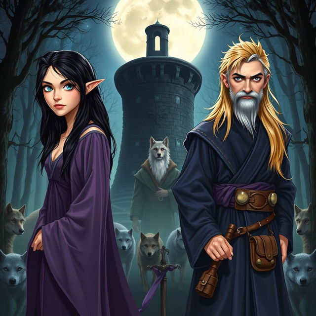 A fantasy book cover featuring a young sorceress, 16 years old, with long black hair and blue eyes, wearing a flowing robe