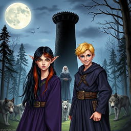 A fantasy book cover featuring a young sorceress, 16 years old, with long black hair and blue eyes, wearing a flowing robe