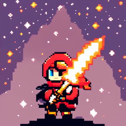 Pixel art profile picture featuring a standalone flame sword against a cosmic background filled with stars and galaxies.