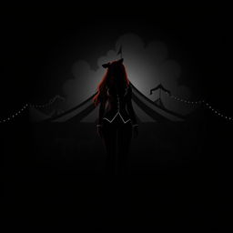 A dark fantasy circus book cover featuring a silhouette of a woman with long ginger hair as the principal, standing before a grand circus tent