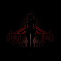 A dark fantasy circus book cover featuring a silhouette of a woman with long ginger hair as the principal, standing before a grand circus tent