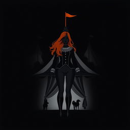 A dark fantasy circus book cover featuring a silhouette of a woman with long ginger hair as the principal, standing before a grand circus tent