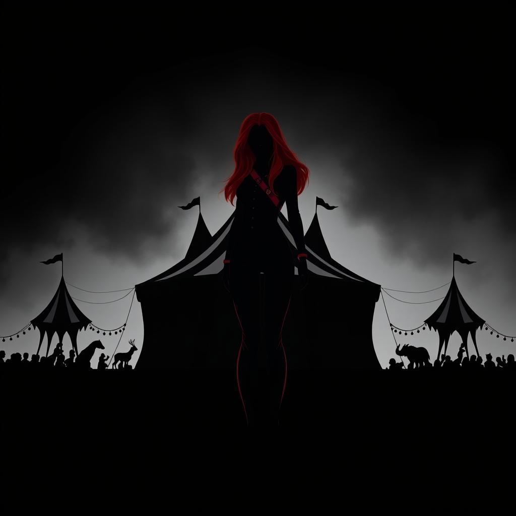 A dark fantasy circus book cover featuring a silhouette of a woman with long ginger hair as the principal, standing before a grand circus tent