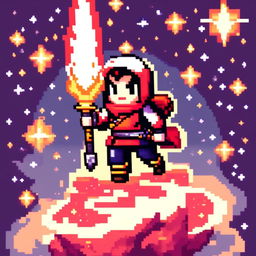 Pixel art profile picture featuring a standalone flame sword against a cosmic background filled with stars and galaxies.