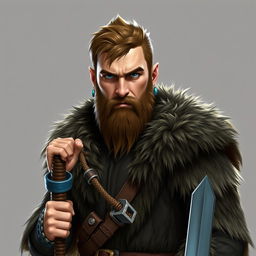 A standing medieval human barbarian with short brown hair and a beard