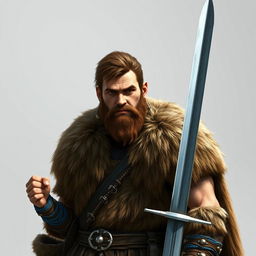 A standing medieval human barbarian with short brown hair and a beard