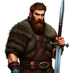 A standing medieval human barbarian with short brown hair and a beard