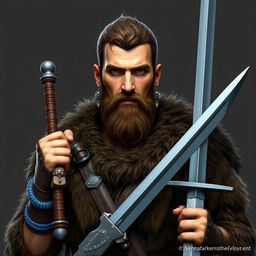 A standing medieval human barbarian with short brown hair and a beard