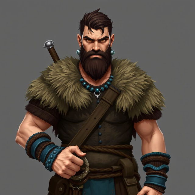 A standing medieval human barbarian with short brown hair and a beard