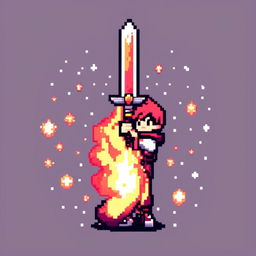 Pixel art profile picture featuring a standalone flame sword against a cosmic background filled with stars and galaxies.