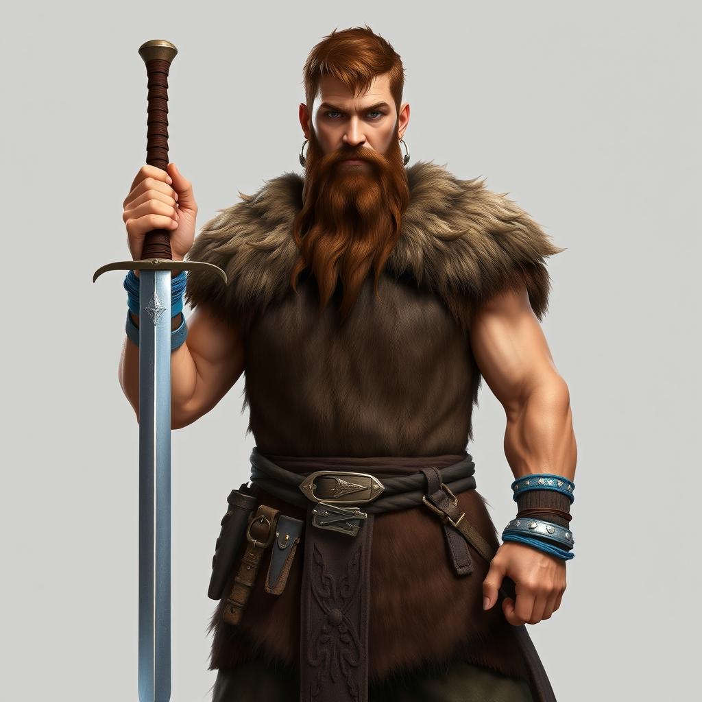 A standing full-body medieval human barbarian with short brown hair and a beard