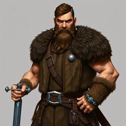 A standing full-body medieval human barbarian with short brown hair and a beard