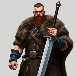 A standing full-body medieval human barbarian with short brown hair and a beard
