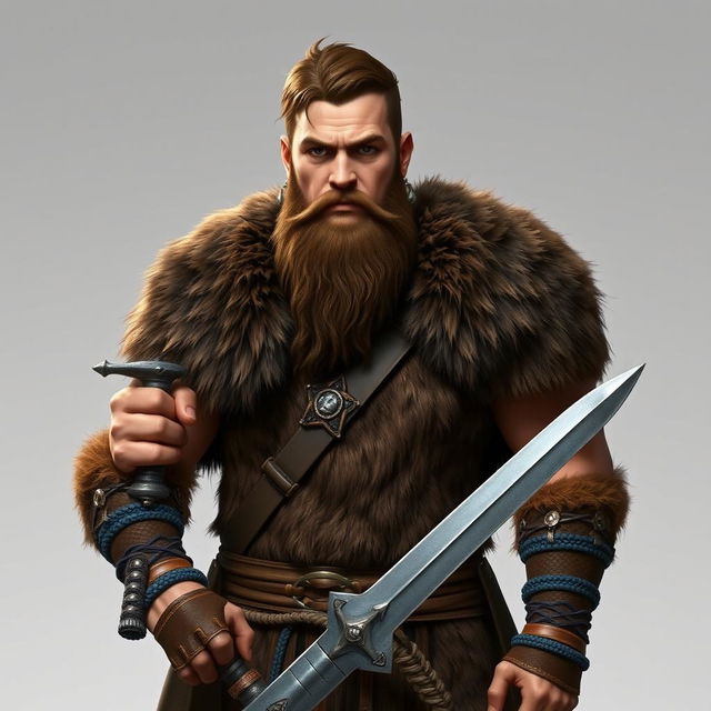 A standing full-body medieval human barbarian with short brown hair and a beard