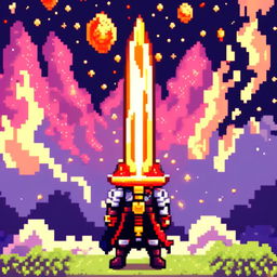 Pixel art profile picture featuring a standalone flame sword against a cosmic background filled with stars and galaxies.