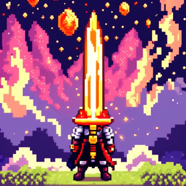 Pixel art profile picture featuring a standalone flame sword against a cosmic background filled with stars and galaxies.