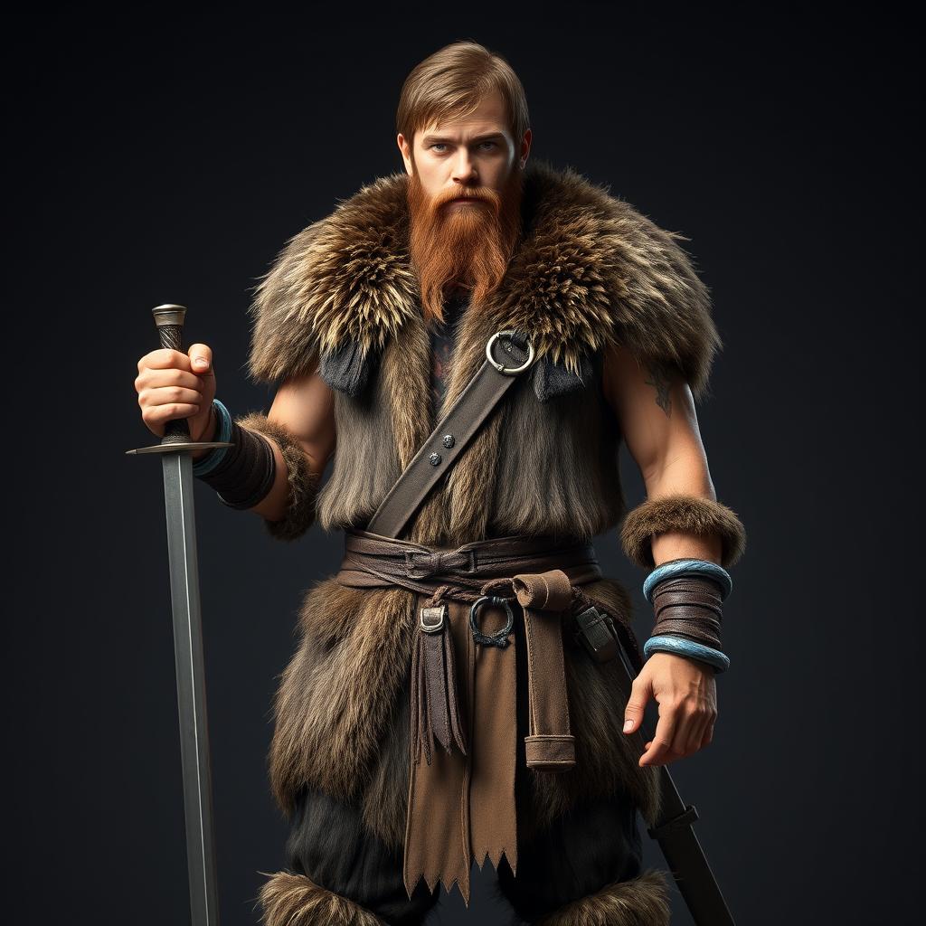 A standing full-body medieval human barbarian with short brown hair and a beard