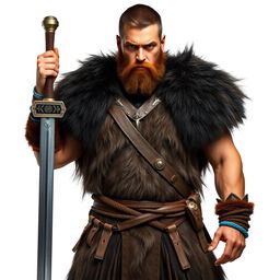 A standing full-body medieval human barbarian with short brown hair and a beard