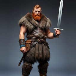 A standing full-body medieval human barbarian with short brown hair and a beard