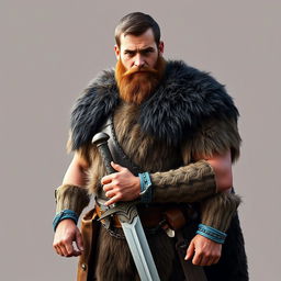 A standing full-body medieval human barbarian with short brown hair and a beard