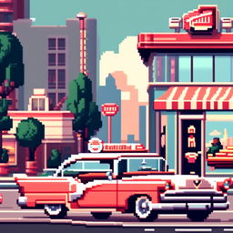 Pixel art profile picture featuring a 1950s cityscape with vintage cars, retro buildings, and a classic diner.