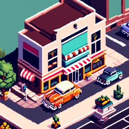 Pixel art profile picture featuring a 1950s cityscape with vintage cars, retro buildings, and a classic diner.