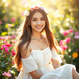 A beautiful young woman sitting in a sunlit garden, surrounded by vibrant flowers and green foliage