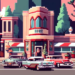 Pixel art profile picture featuring a 1950s cityscape with vintage cars, retro buildings, and a classic diner.