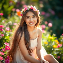 A beautiful young woman sitting in a sunlit garden, surrounded by vibrant flowers and green foliage