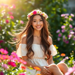 A beautiful young woman sitting in a sunlit garden, surrounded by vibrant flowers and green foliage